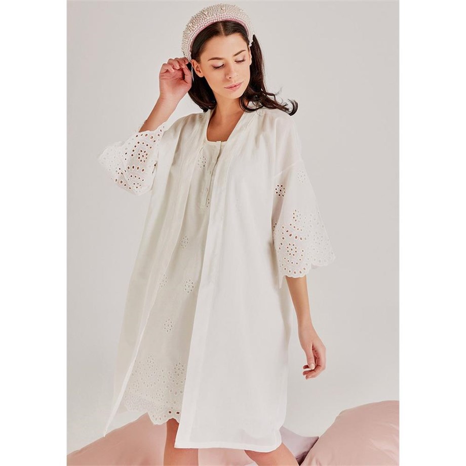 Magic Form 30108 Kendinden Brode Desenli Sabahlık Gecelik Takım - Ekru