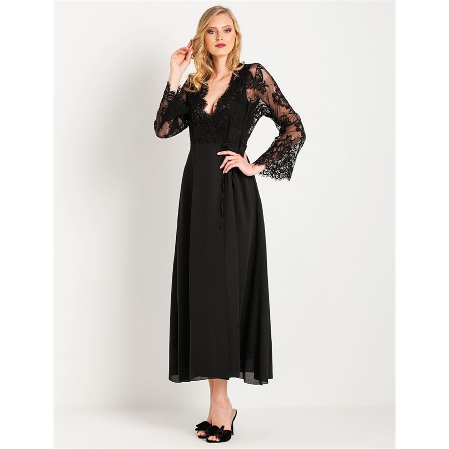 Magic Form 31770 Püsküllü Dantelli Krep Uzun Sabahlık - Siyah