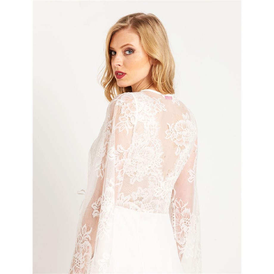 Magic Form 31770 Püsküllü Dantelli Krep Uzun Sabahlık - Ekru