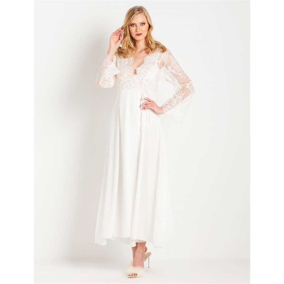 Magic Form 31770 Püsküllü Dantelli Krep Uzun Sabahlık - Ekru