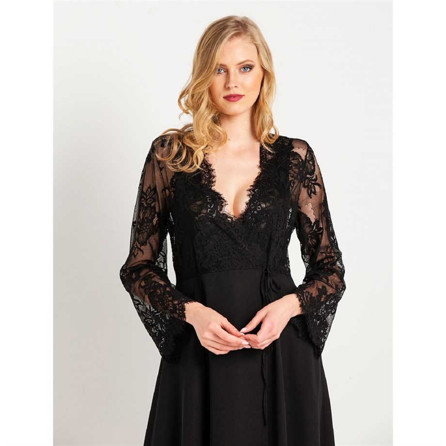 Magic Form 31770 Püsküllü Dantelli Krep Uzun Sabahlık - Siyah