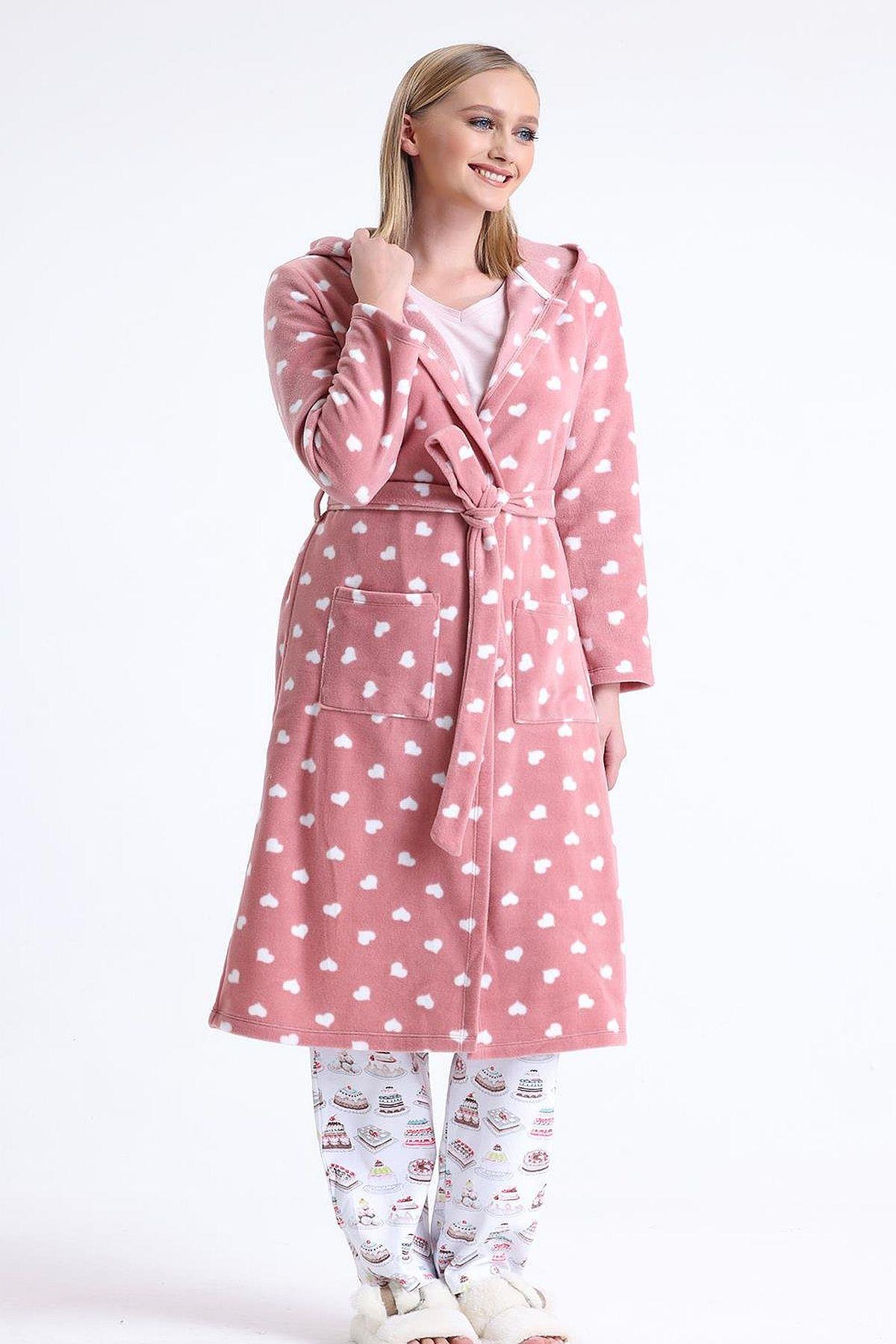 Magic Form 32456 Kadın Polar Kapişonlu Uzun Sabahlık(Göz Bandı Hediyeli)-Gülkurusu