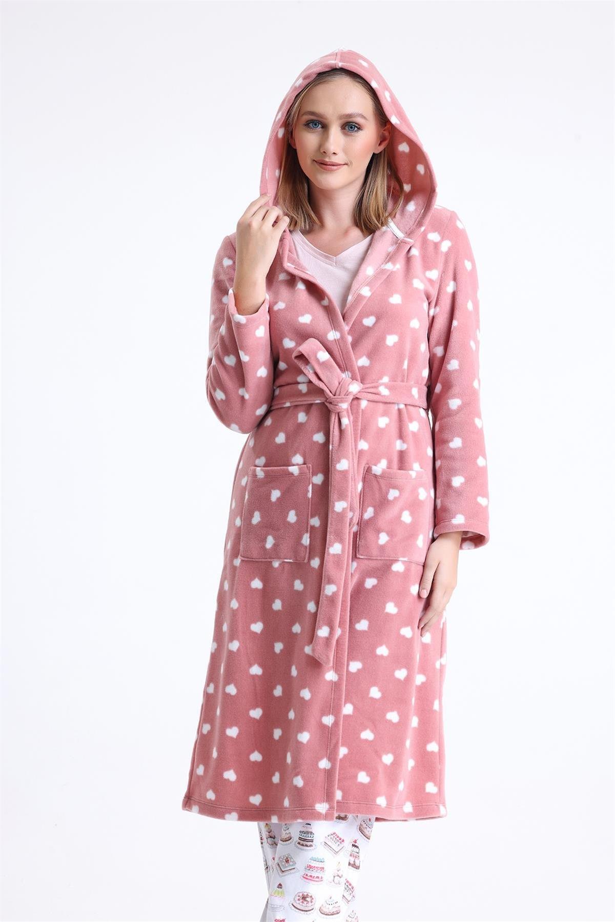 Magic Form 32456 Kadın Polar Kapişonlu Uzun Sabahlık(Göz Bandı Hediyeli)-Gülkurusu