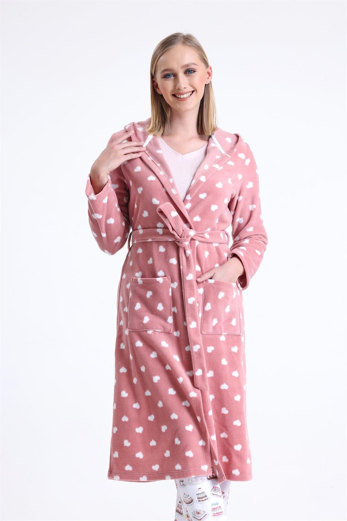 Magic Form 32456 Kadın Polar Kapişonlu Uzun Sabahlık(Göz Bandı Hediyeli)-Gülkurusu