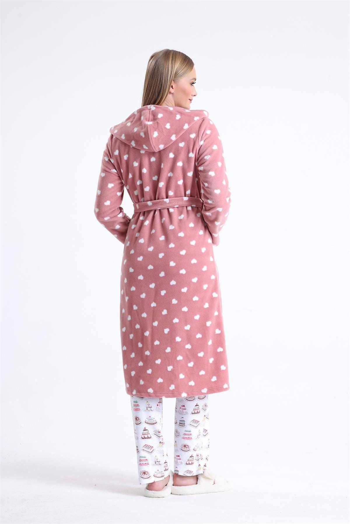 Magic Form 32456 Kadın Polar Kapişonlu Uzun Sabahlık(Göz Bandı Hediyeli)-Gülkurusu