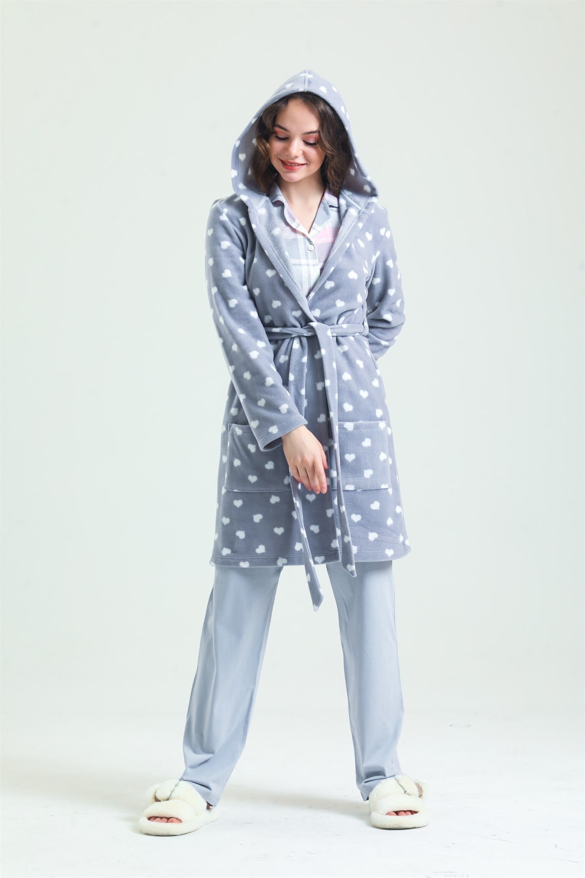 Magic Form 35252 Kadın Kapişonlu Polar Sabahlık-Gri