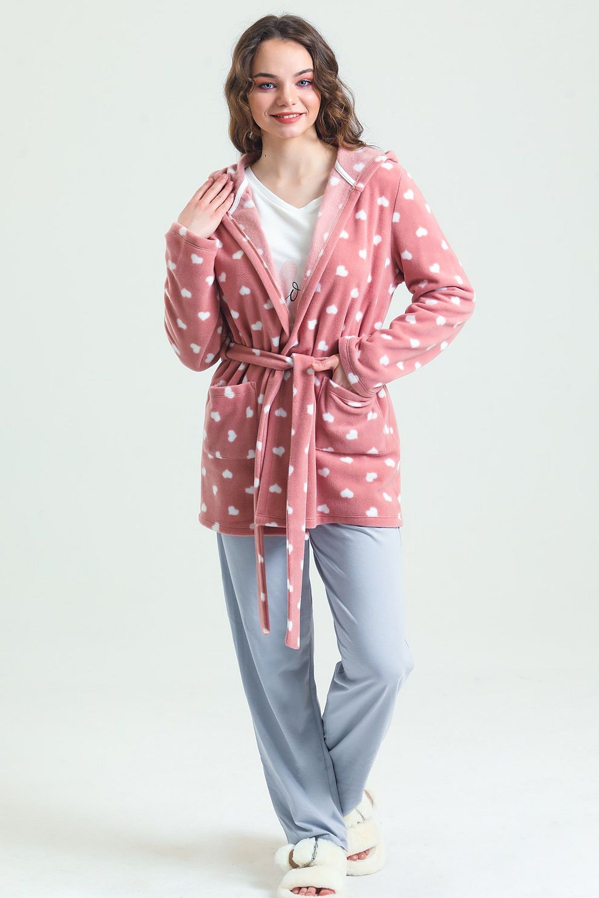 Magic Form 37680 Kadın Polar Sabahlıklı Pijama Takımı-Gülkurusu