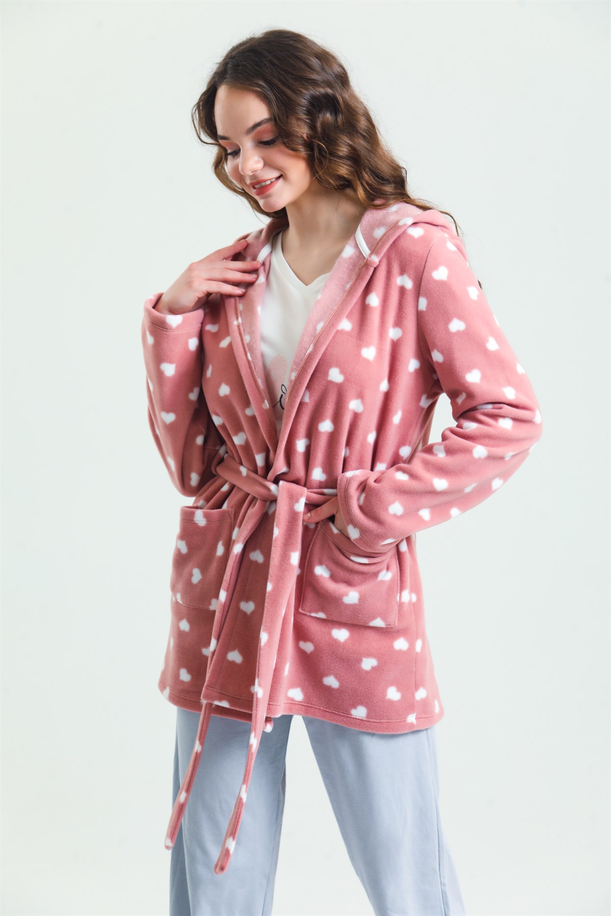 Magic Form 37680 Kadın Polar Sabahlıklı Pijama Takımı-Gülkurusu