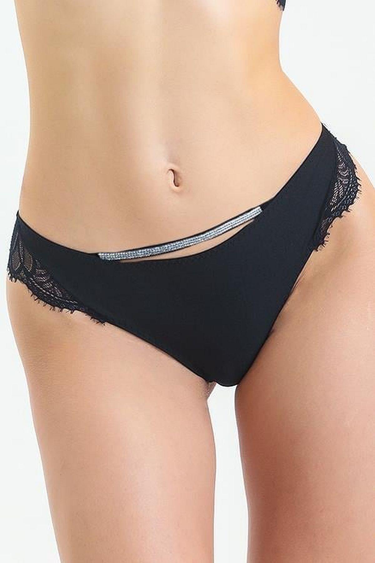 Magic Form 686 Kadın Arkası Dantelli Taşlı Slip Külot-Siyah