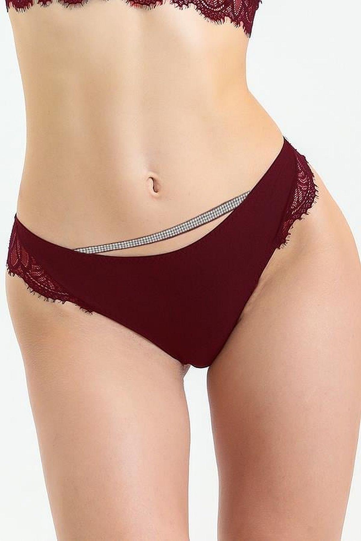 Magic Form 686 Kadın Arkası Dantelli Taşlı Slip Külot-Bordo