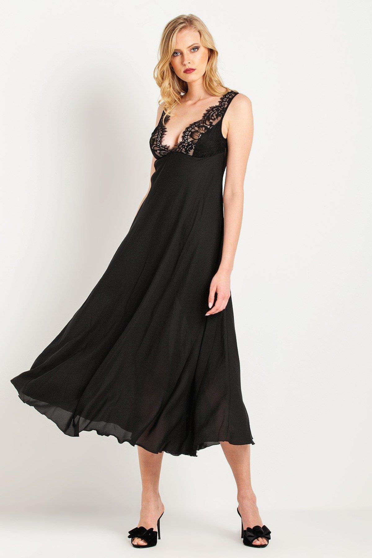 Magic Form 71770 Kadın Kalın Askılı Sırtı Ve Ön Dekoltesi Dantelli Uzun Krep Gecelik-Siyah