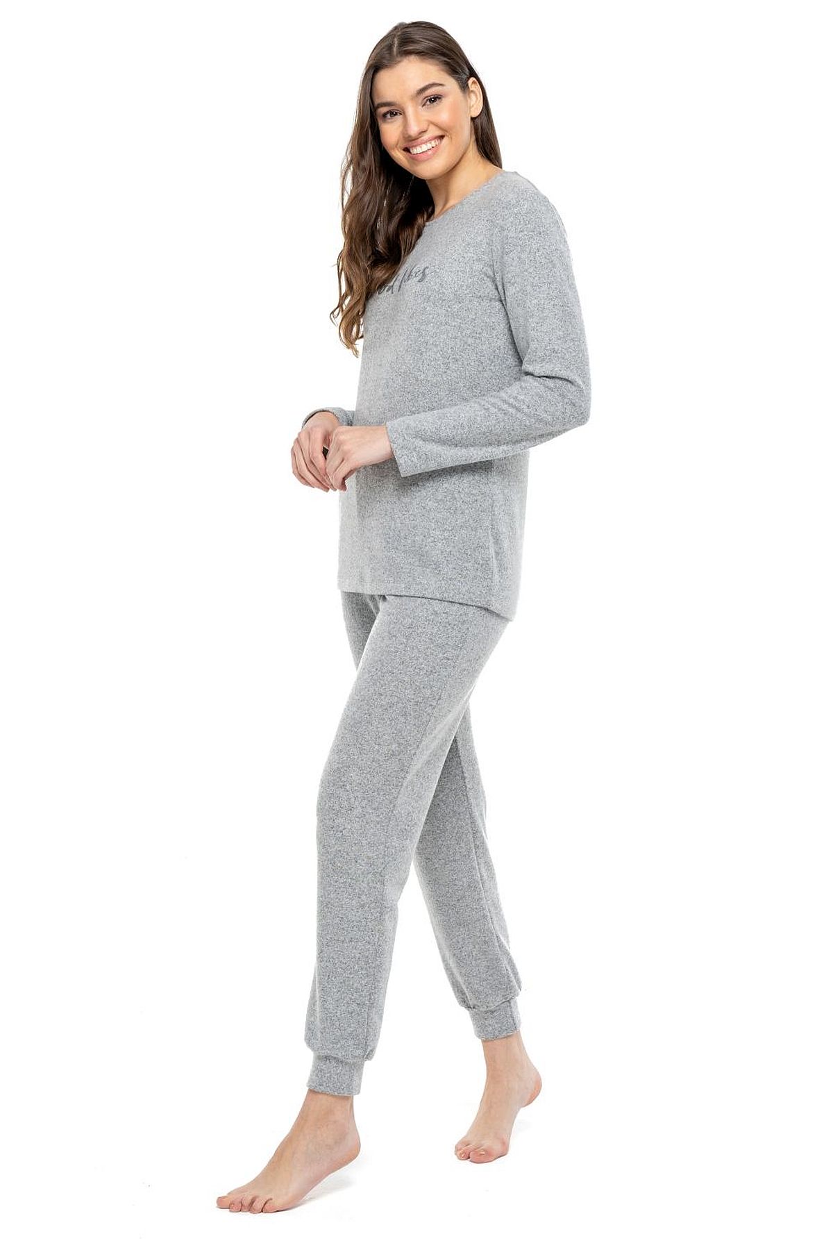 Mod Collection 3981 Kadın Gri Melanj Yuvarlak Yaka Uzun Kollu Pijama Takımı -Grimelanj
