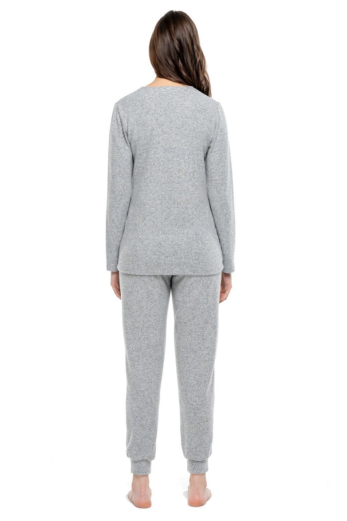 Mod Collection 3981 Kadın Gri Melanj Yuvarlak Yaka Uzun Kollu Pijama Takımı -Grimelanj