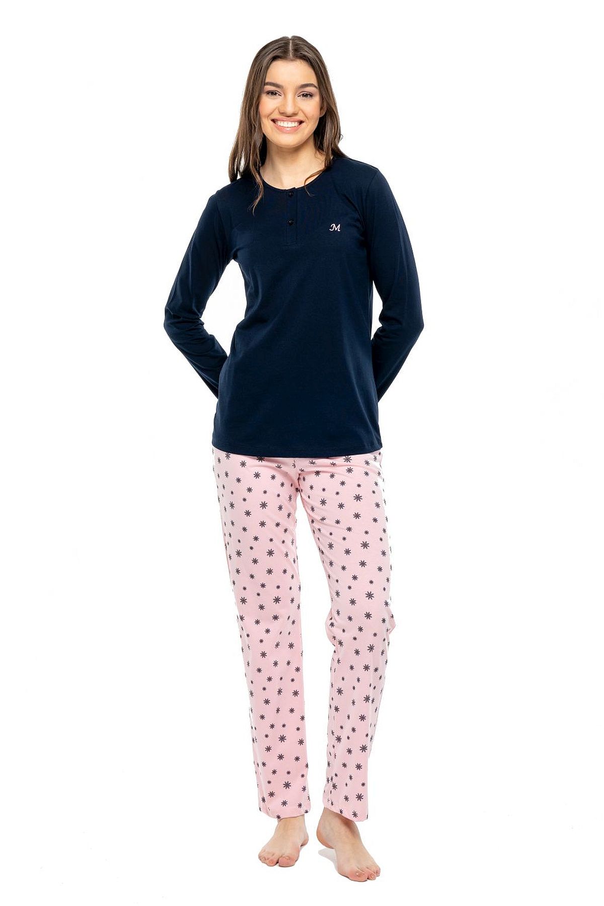 Mod Collection 3991 Kadın Lacivert Patlı Uzun Kollu Pijama Takımı -Lacivert