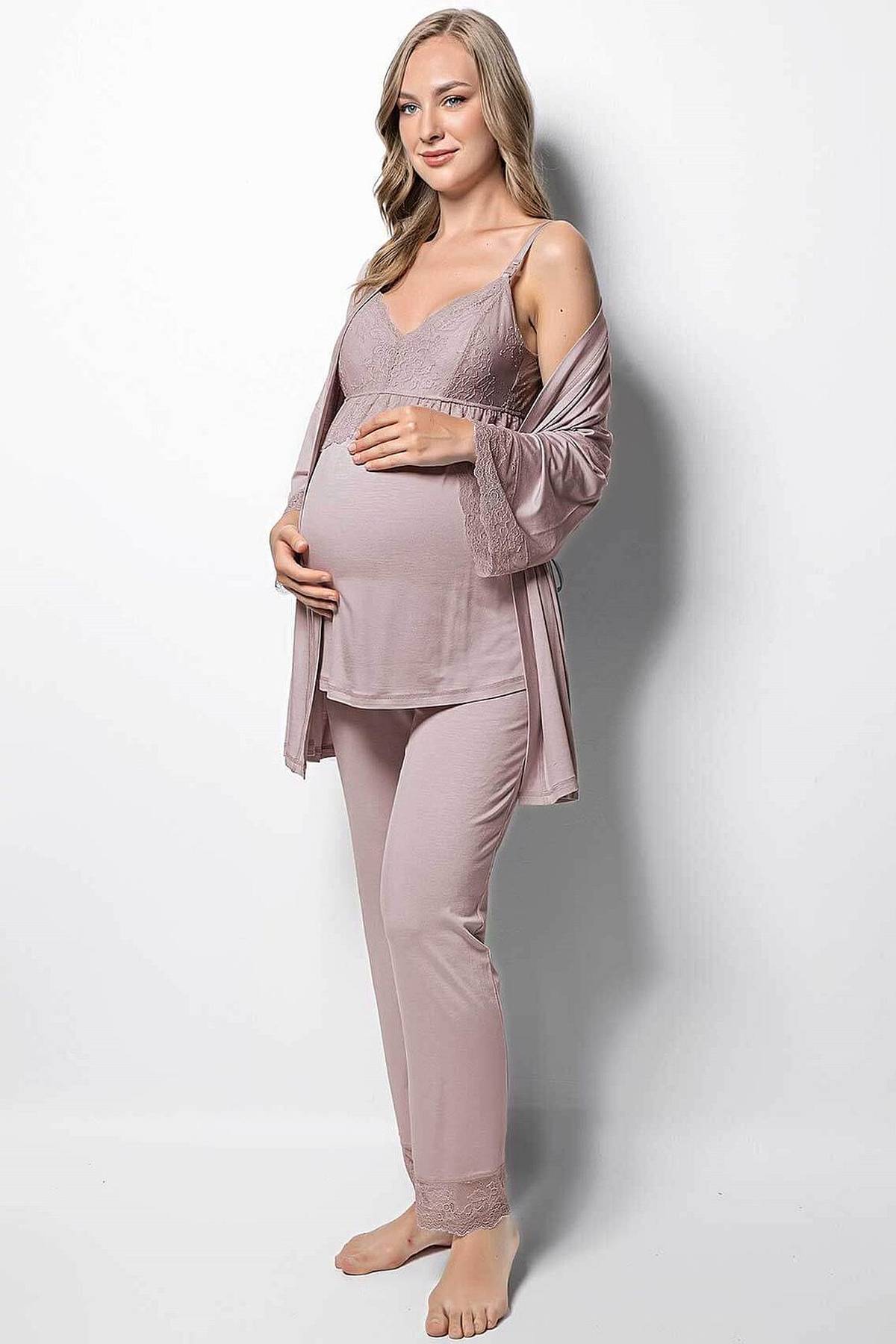 Monamise 18431 Hamile Lohusa Sabahlıklı Pijama Takım - Vizon
