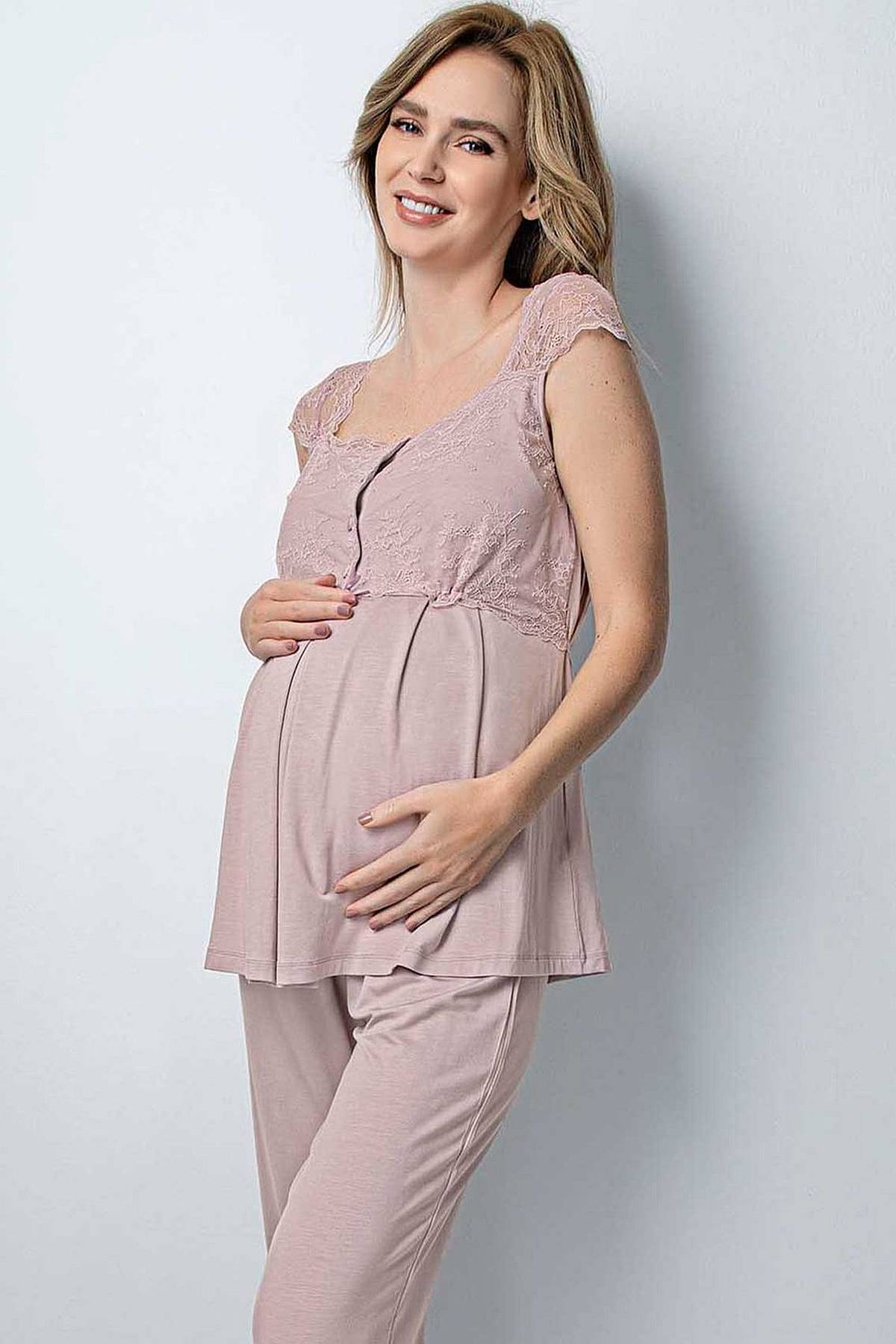 Monamise 18441 Hamile Lohusa Sabahlıklı Pijama Takım - Vizon