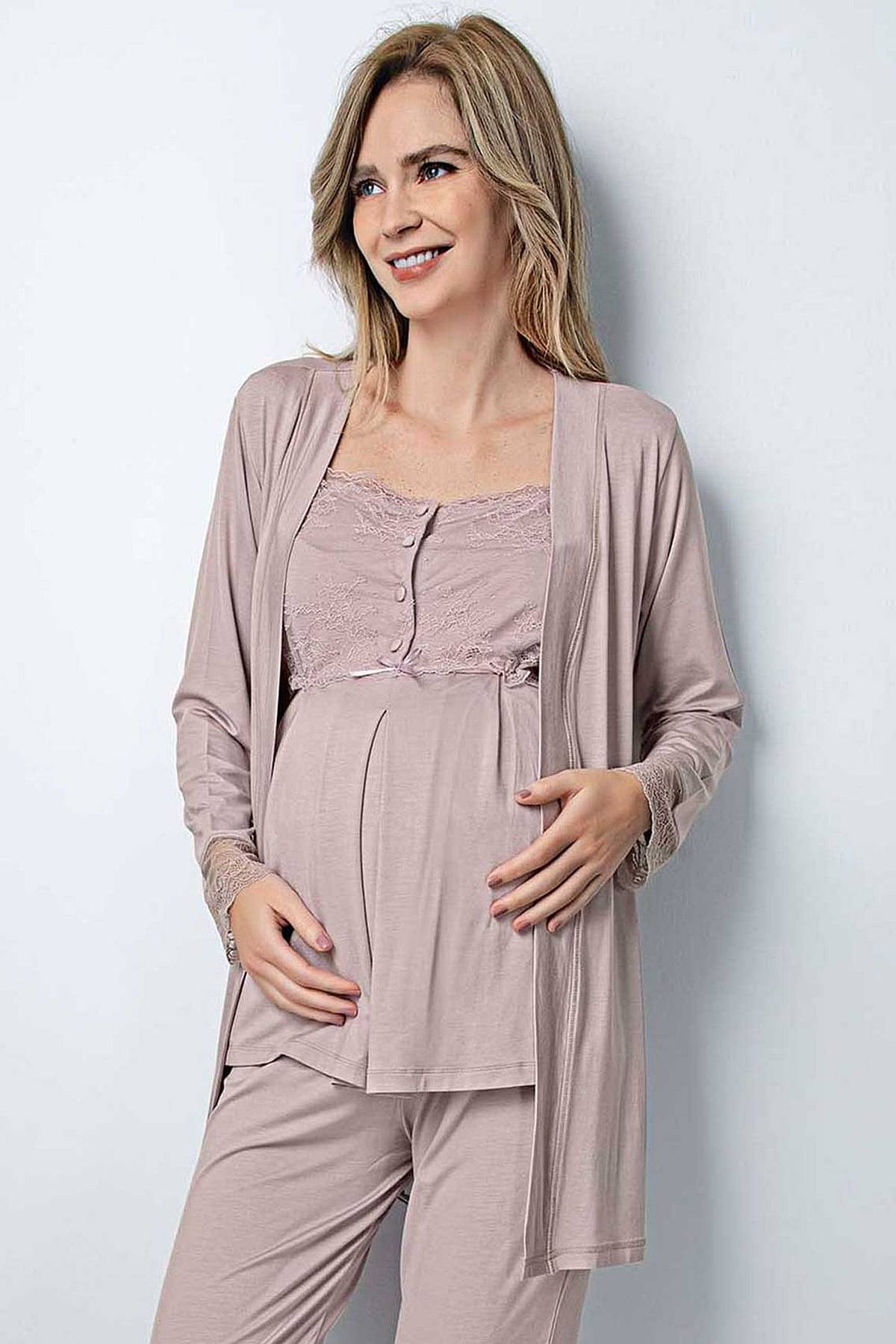 Monamise 18441 Hamile Lohusa Sabahlıklı Pijama Takım - Vizon