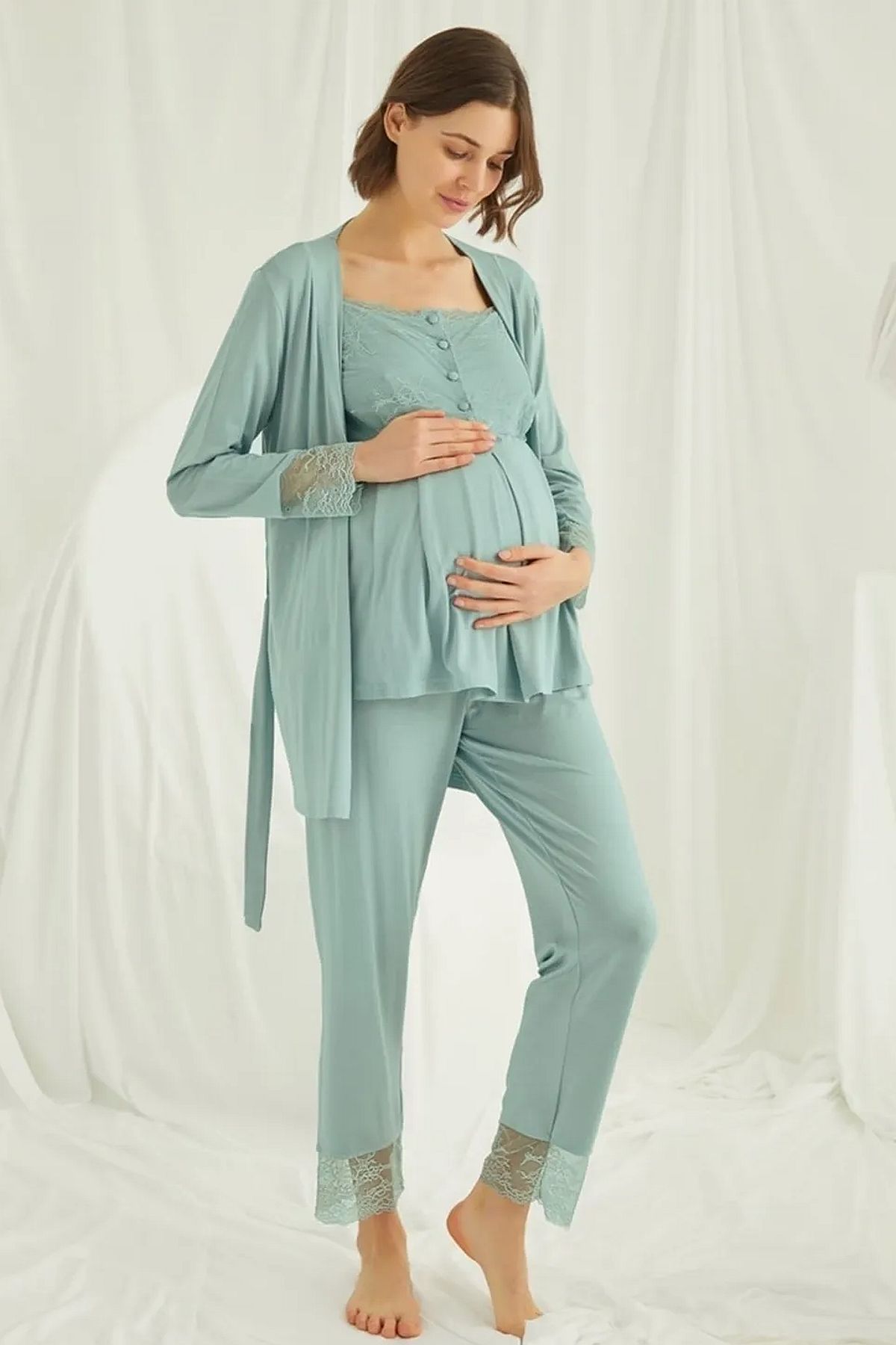 Monamise 18468 Hamile Lohusa Sabahlıklı Pijama Takımı -Yeşil