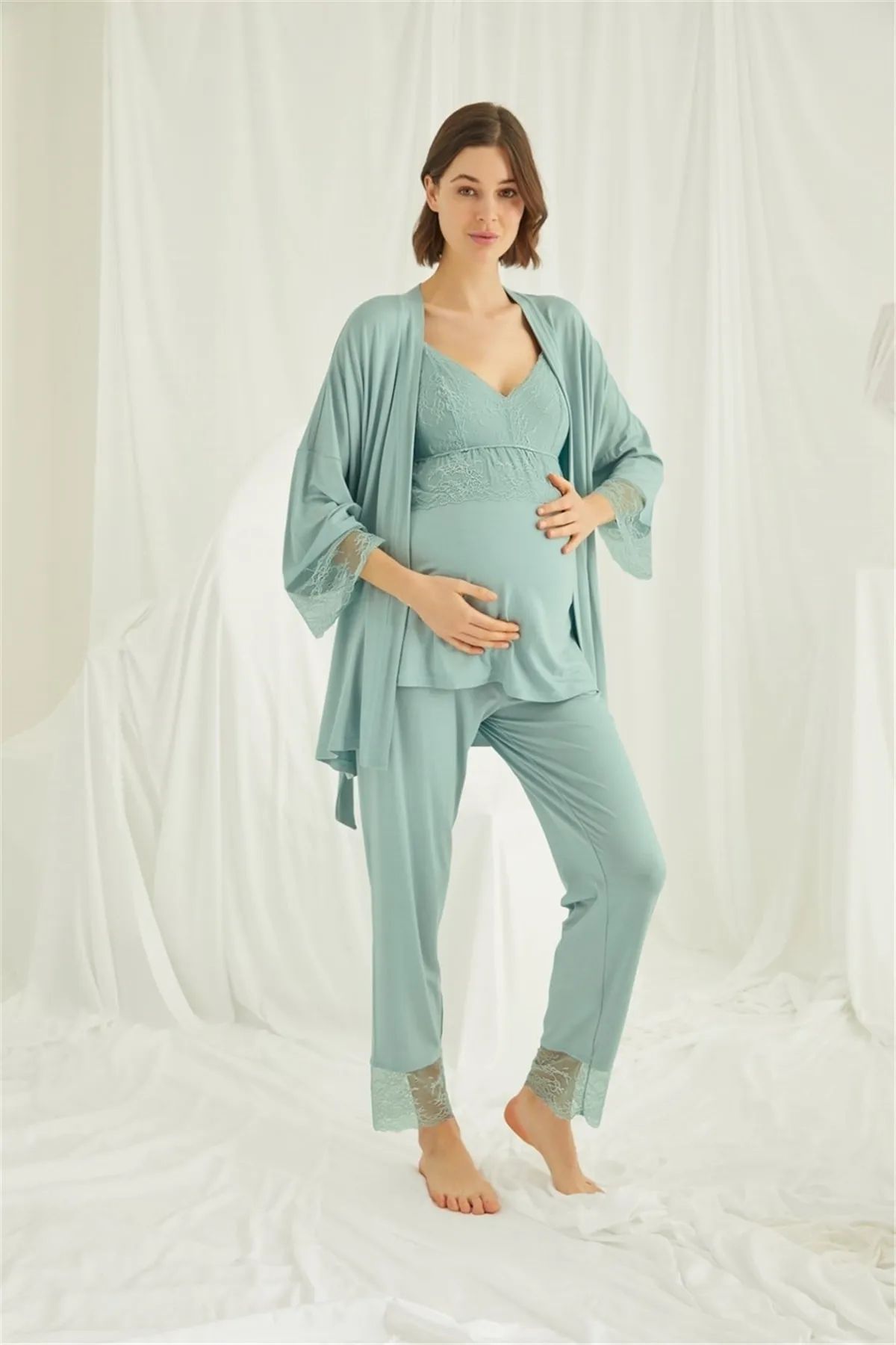 Monamise 18469 Hamile Lohusa Sabahlıklı Pijama Takımı-Yeşil