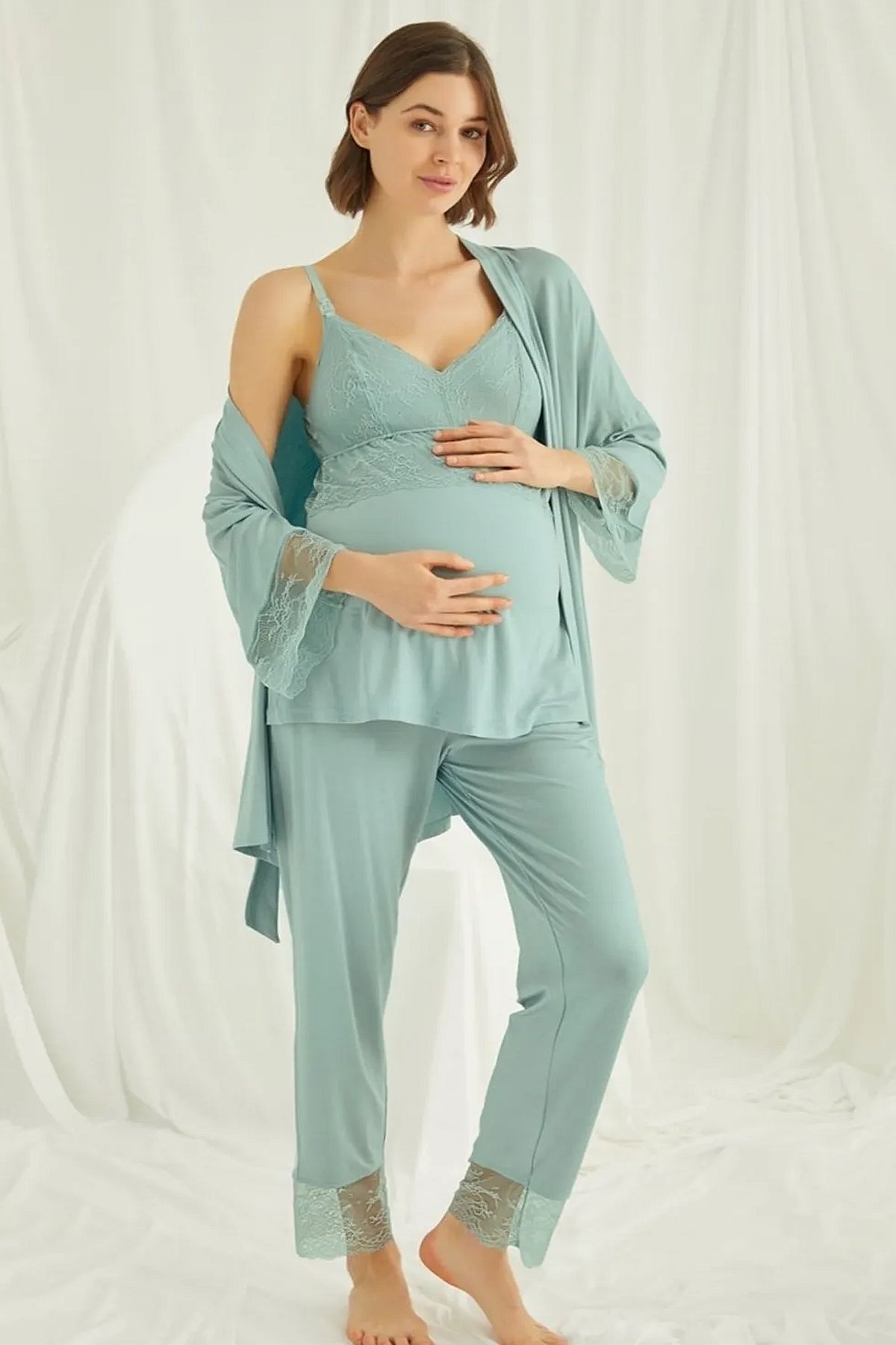 Monamise 18469 Hamile Lohusa Sabahlıklı Pijama Takımı-Yeşil