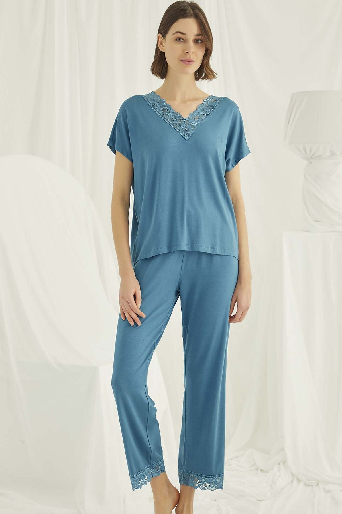 Monamise 18474 Kadın Kısa kollu Pijama Takım-Petrolmavisi