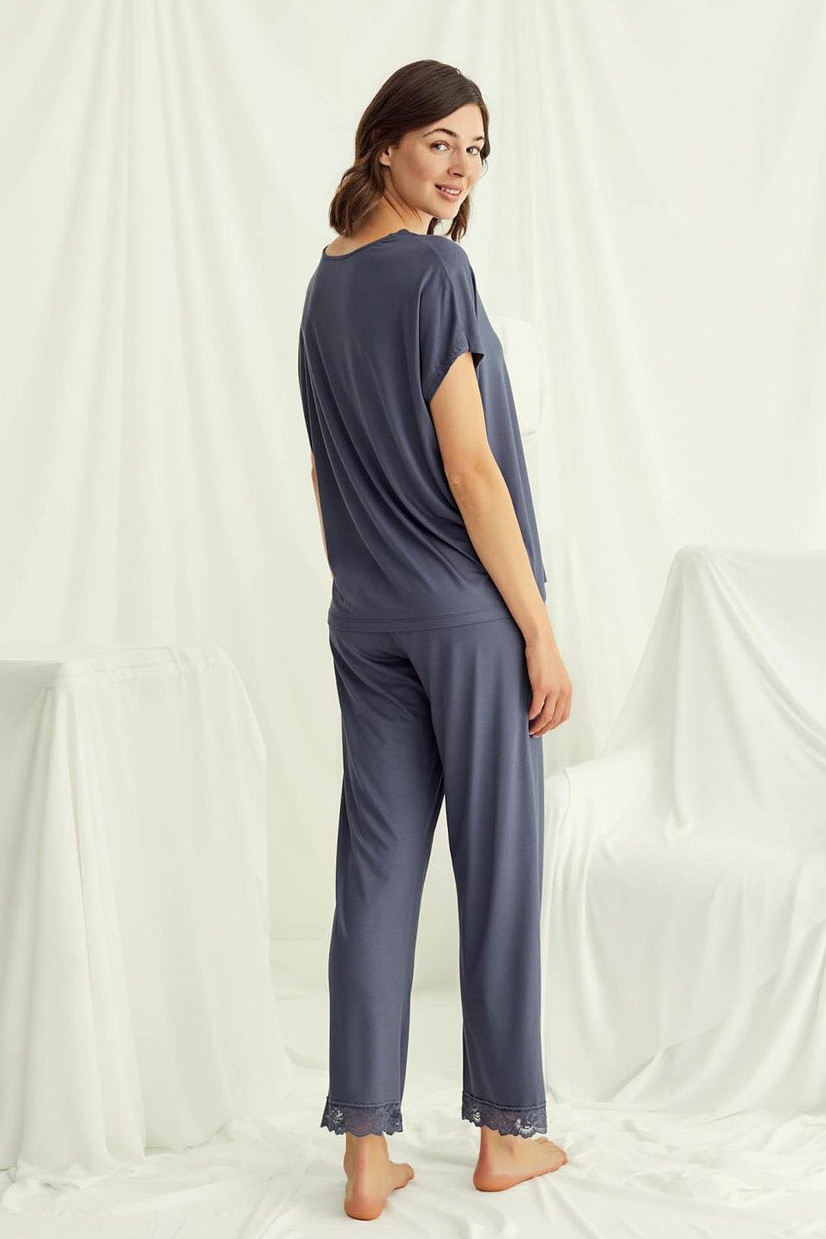 Monamise 18484 Kadın V Yaka  Kısa Kollu Pijama Takımı-Lacivert