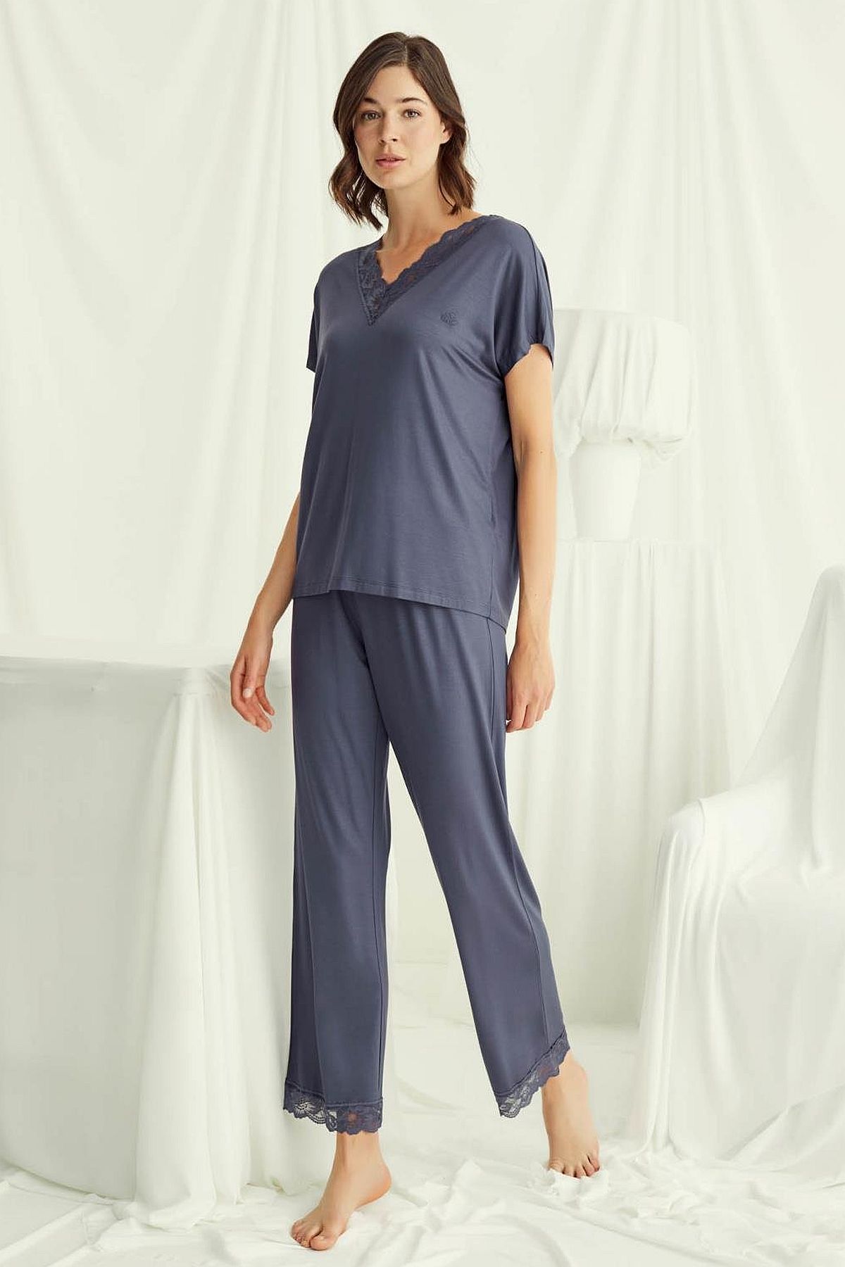 Monamise 18484 Kadın V Yaka  Kısa Kollu Pijama Takımı-Lacivert