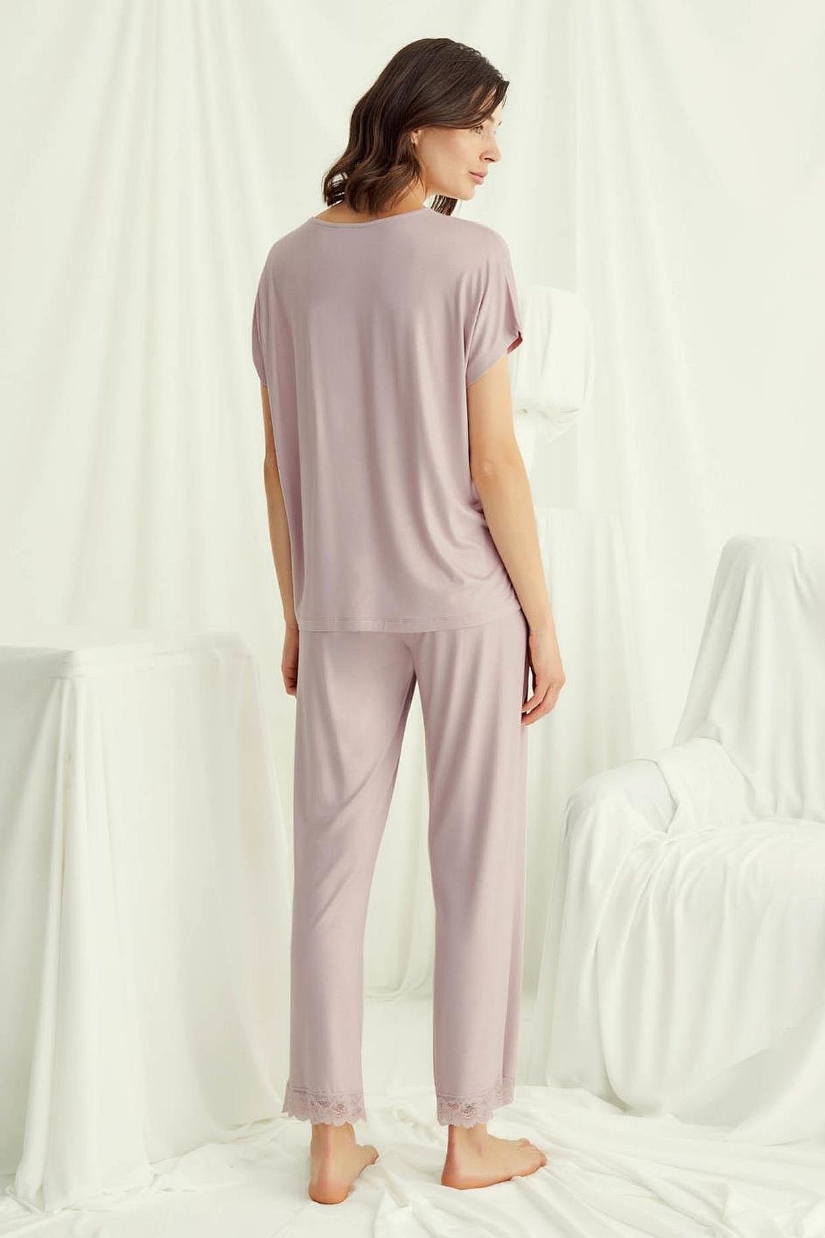 Monamise 18486 Kadın V Yaka  Kısa Kollu Pijama Takımı-Vizon