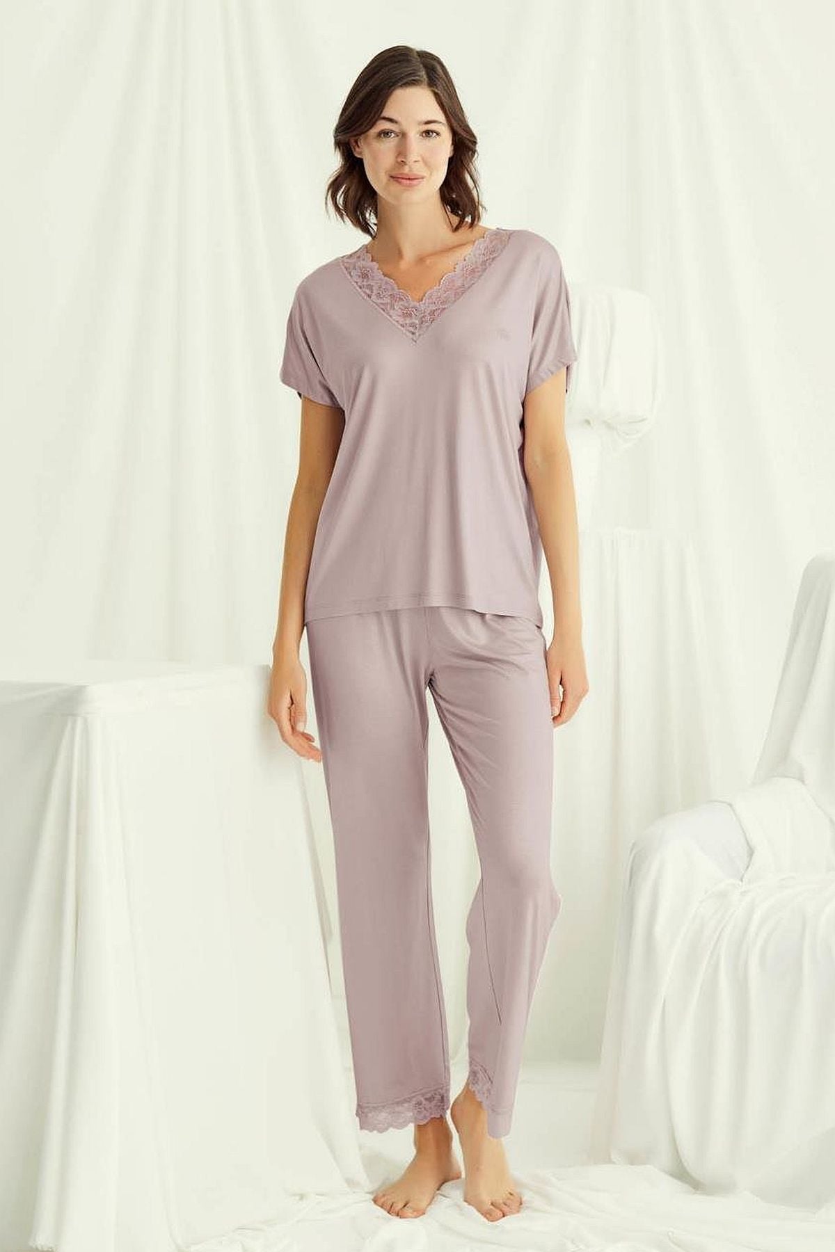 Monamise 18486 Kadın V Yaka  Kısa Kollu Pijama Takımı-Vizon
