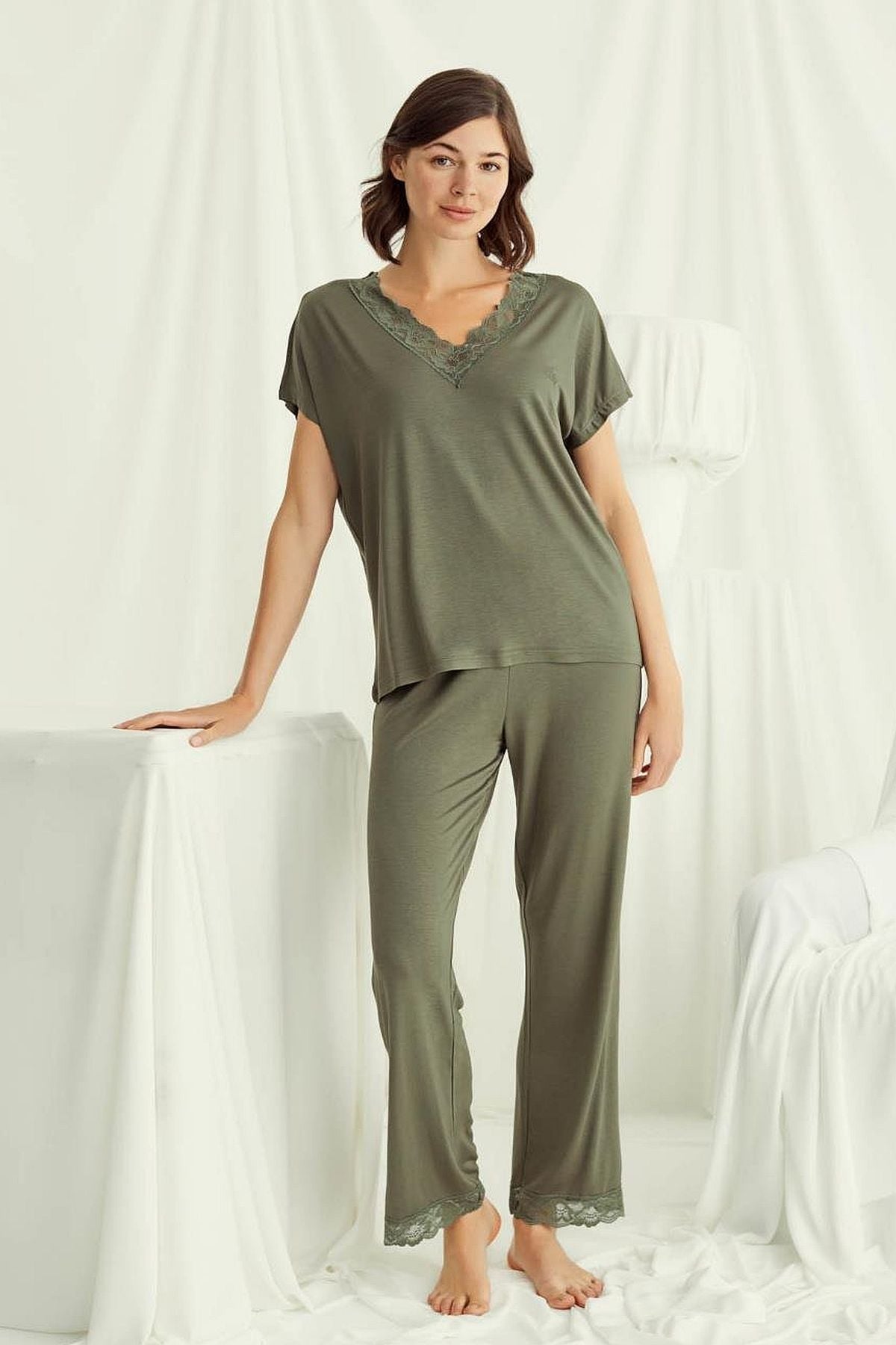 Monamise 18488 Kadın V Yaka  Kısa Kollu Pijama Takımı-Haki