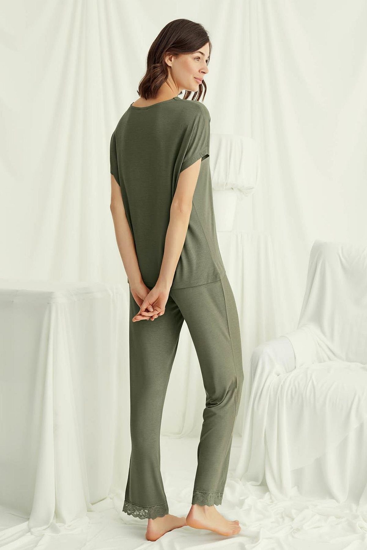 Monamise 18488 Kadın V Yaka  Kısa Kollu Pijama Takımı-Haki