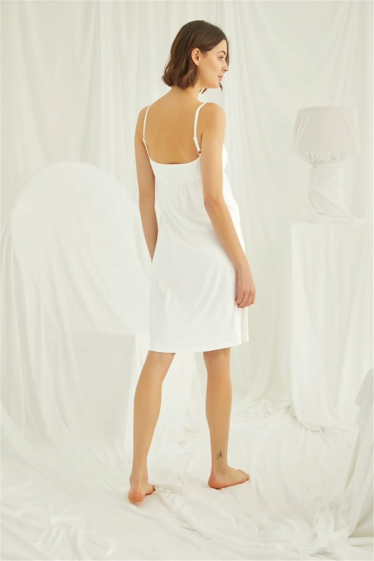 Monamise 18489 Hamile Lohusa İp Askılı Dantelli Gecelik -Ekru