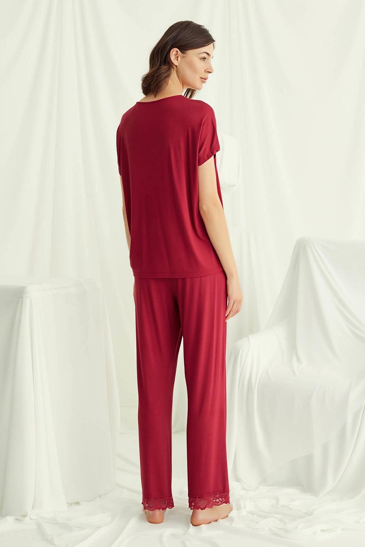 Monamise 18495 Kadın V Yaka  Kısa Kollu Pijama Takımı-Kırmızı