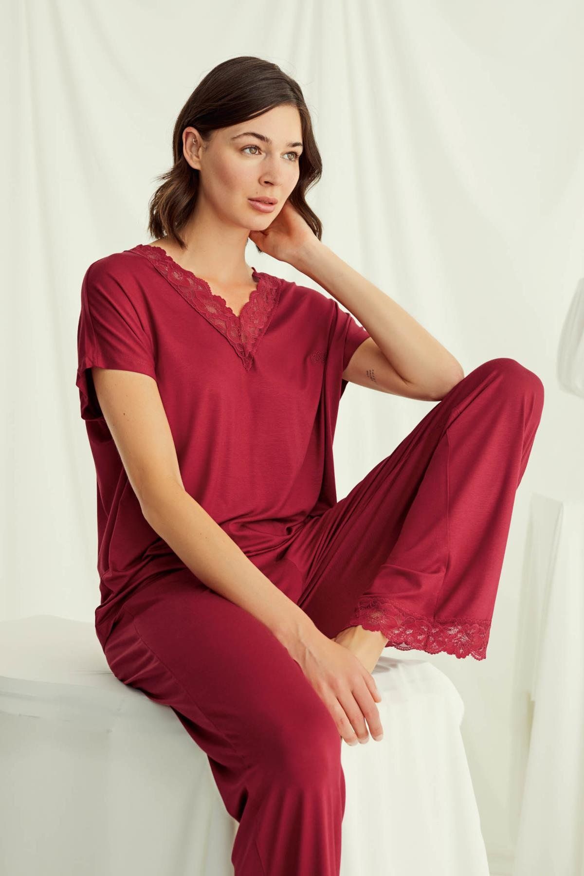 Monamise 18495 Kadın V Yaka  Kısa Kollu Pijama Takımı-Kırmızı