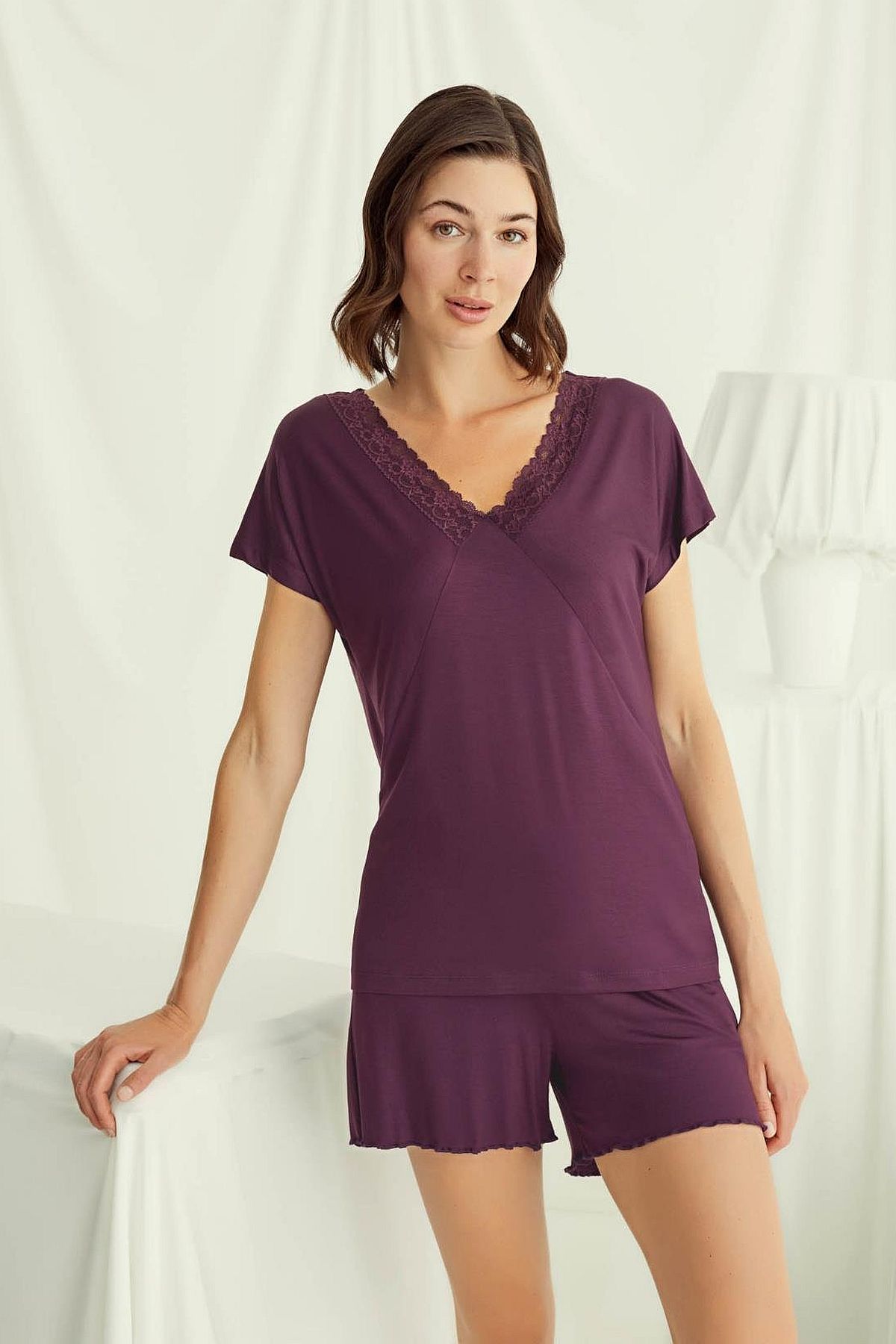 Monamise 18499 Kadın V Yaka  Kısa Kollu Şortlu Pijama Takımı-Bordo