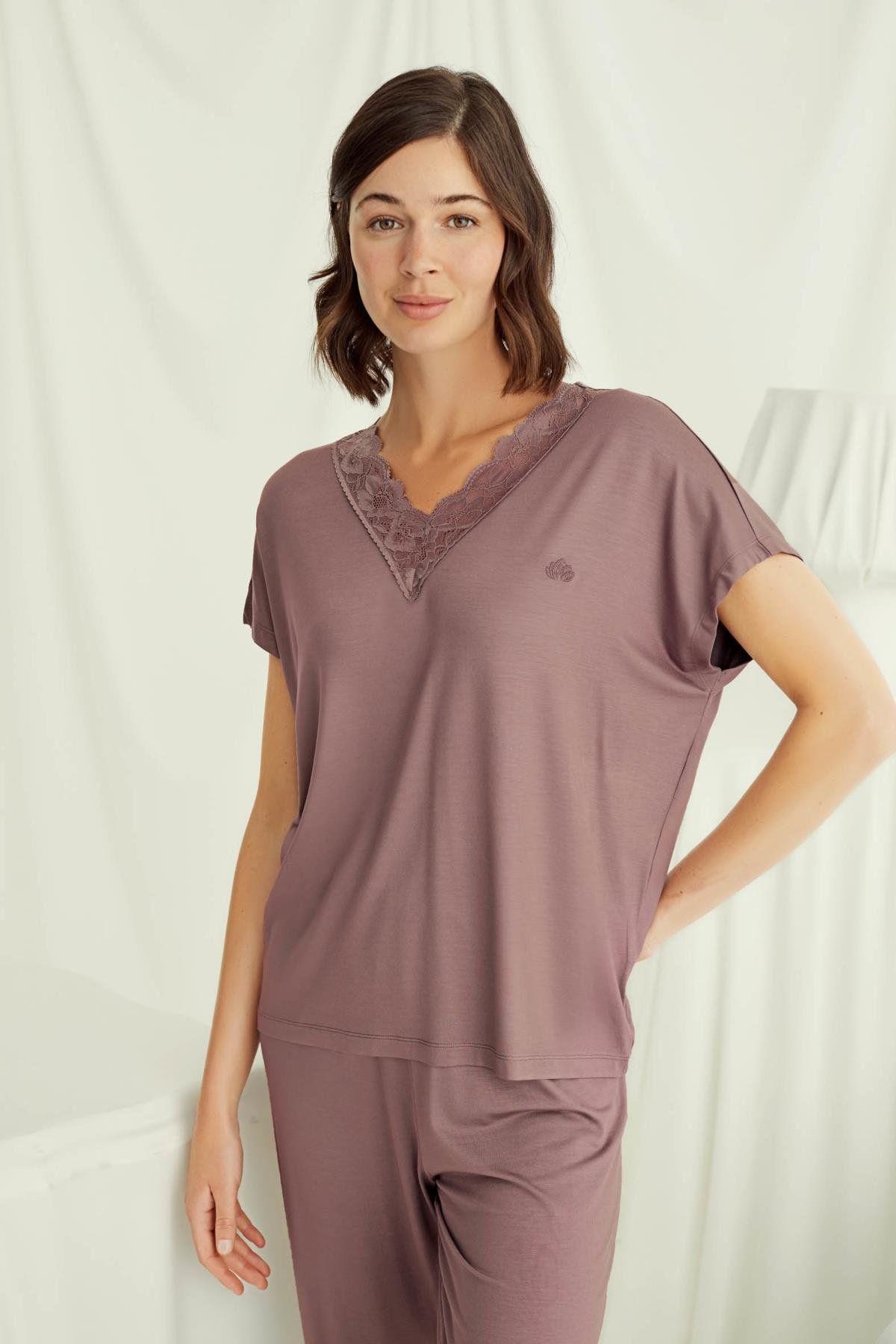 Monamise 18512 Kadın V Yaka  Kısa Kollu Pijama Takımı-Kahve