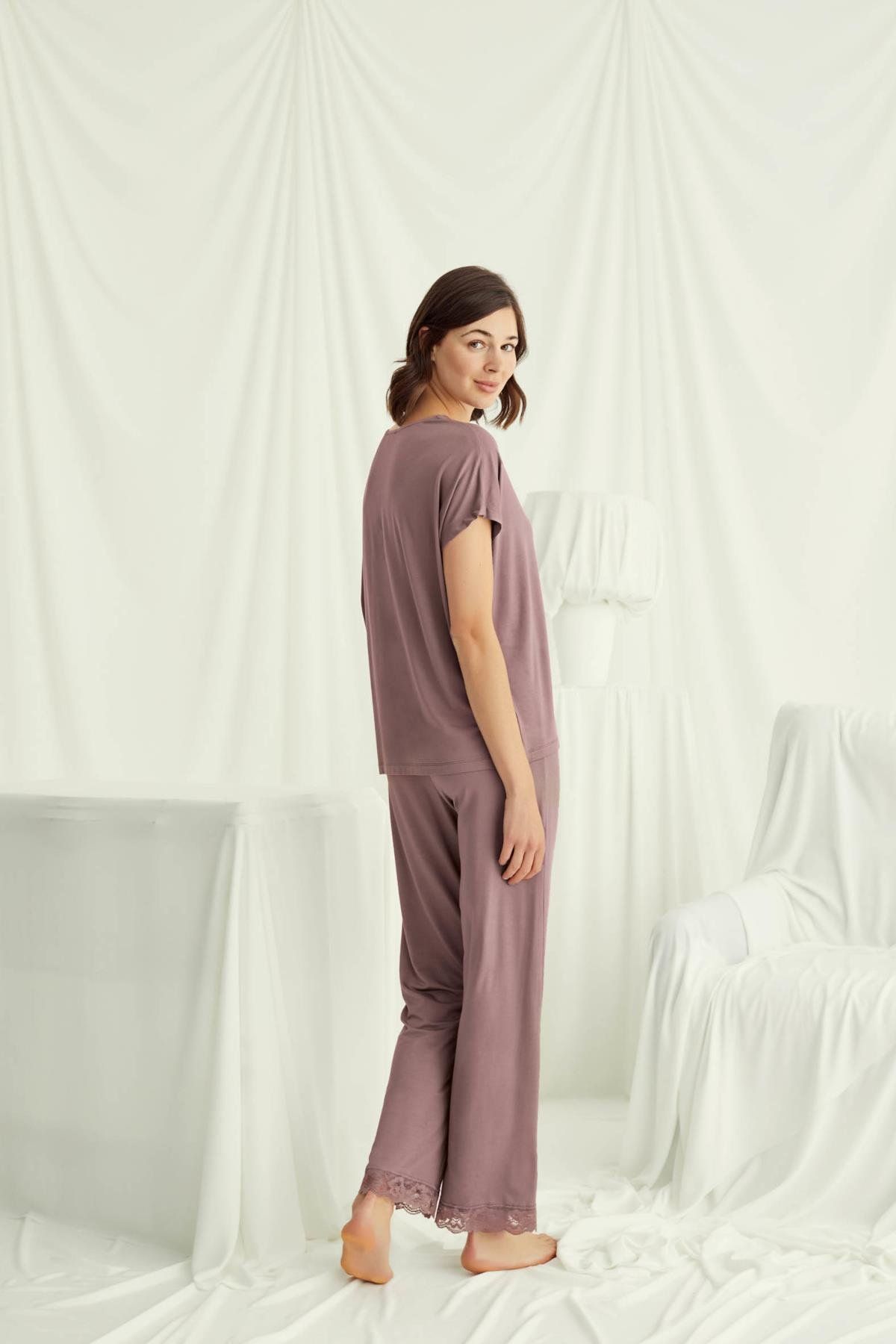 Monamise 18512 Kadın V Yaka  Kısa Kollu Pijama Takımı-Kahve
