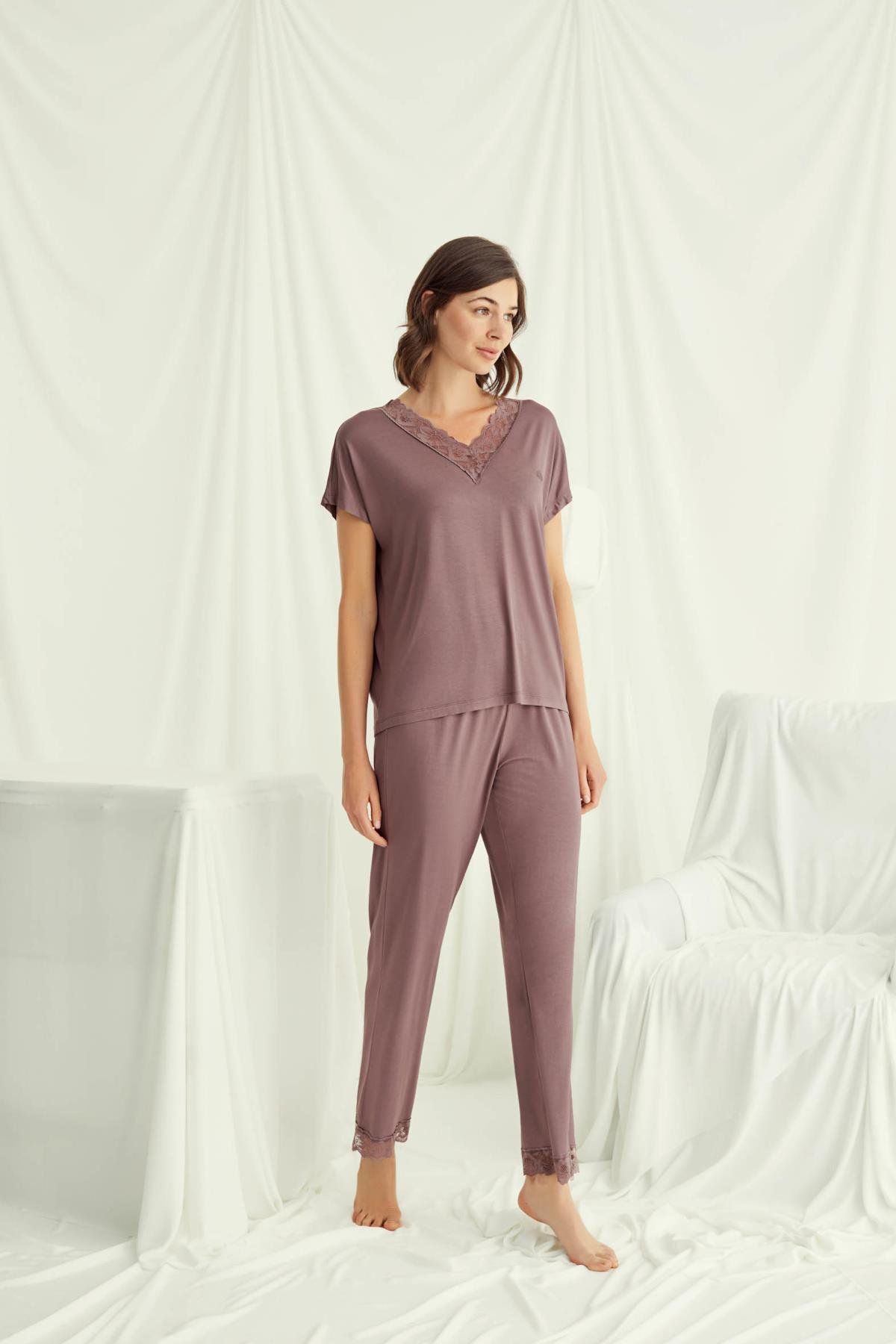 Monamise 18512 Kadın V Yaka  Kısa Kollu Pijama Takımı-Kahve