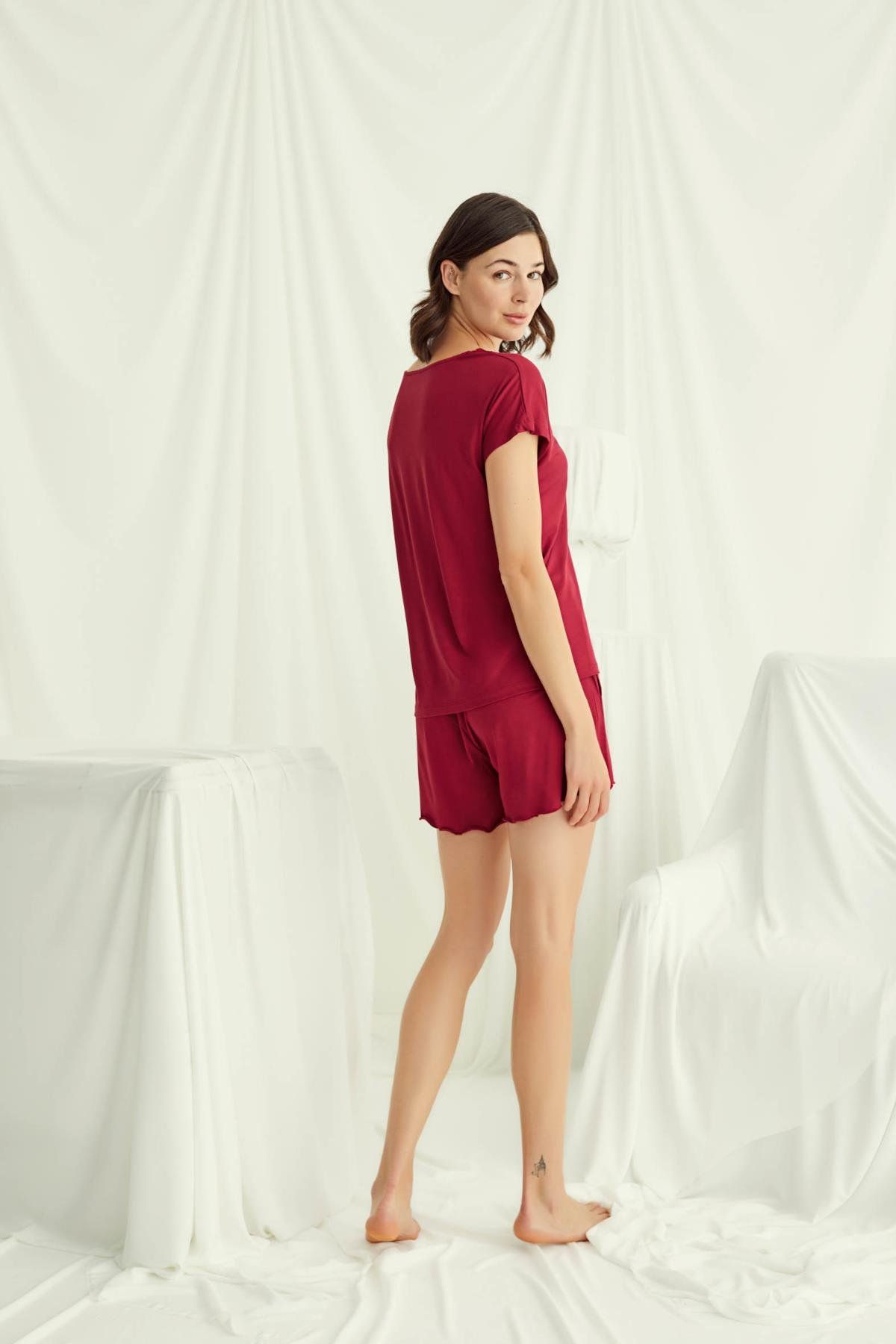 Monamise 18516 Kadın V Yaka  Kısa Kollu Şortlu Pijama Takımı-Kırmızı