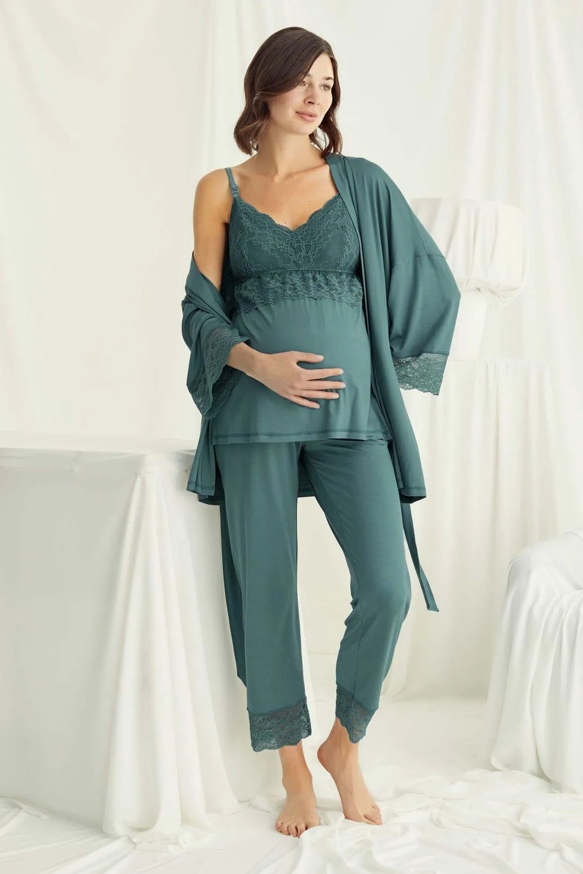Monamise 18523 Hamile Lohusa Sabahlıklı Pijama Takım-Yeşil