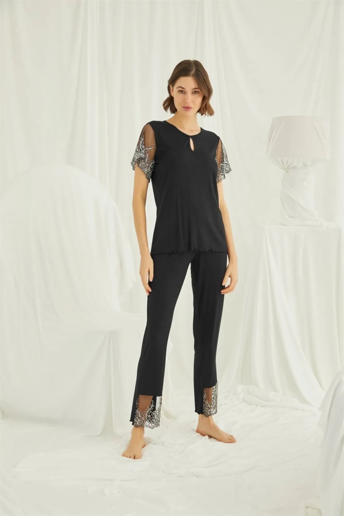 Monamise 19193 Kadın Kısa Kollu Pijama Takımı-Siyah
