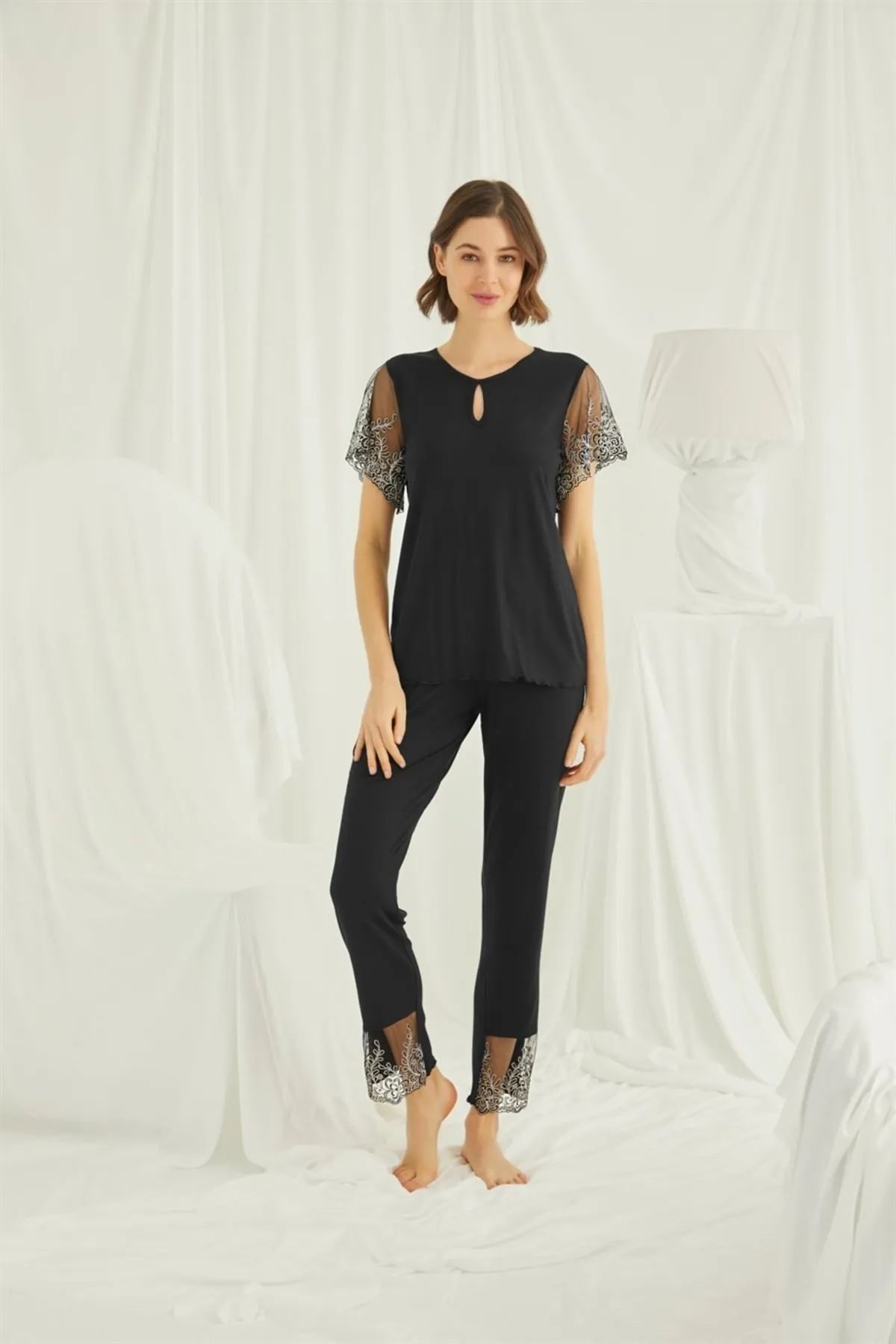 Monamise 19193 Kadın Kısa Kollu Pijama Takımı-Siyah
