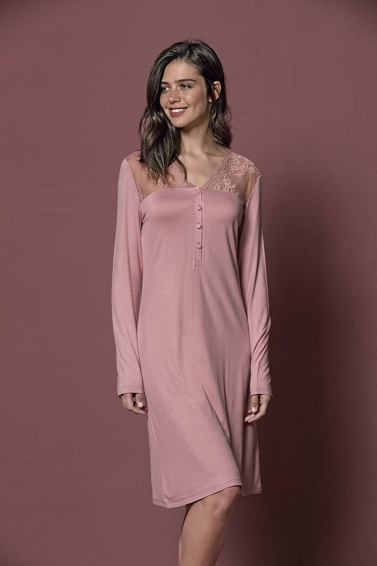 Monamise 19214B Battal Uzun Kollu Gecelik  - Pembe