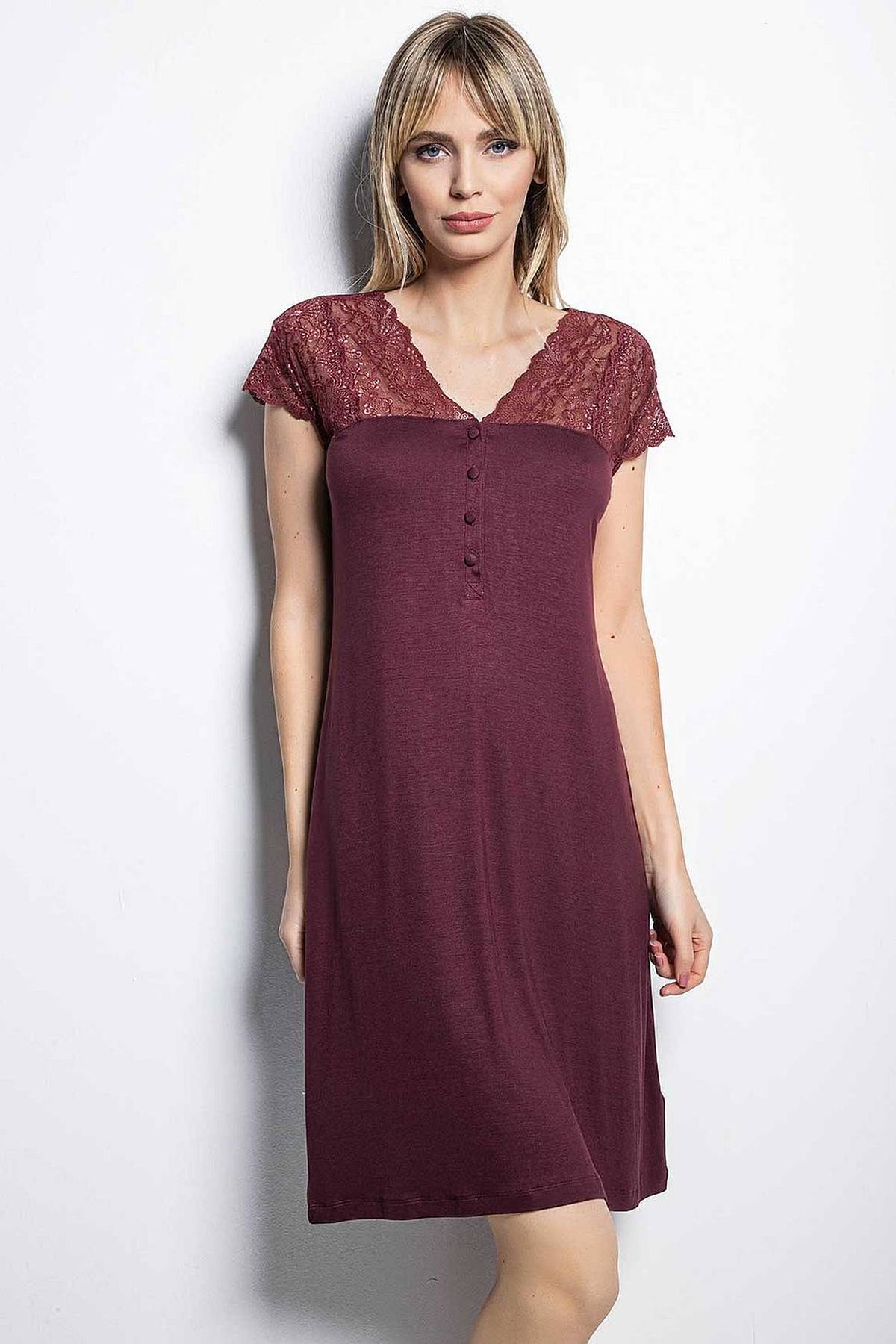 Monamise 19229 Kısa Kollu Gecelik  - Bordo