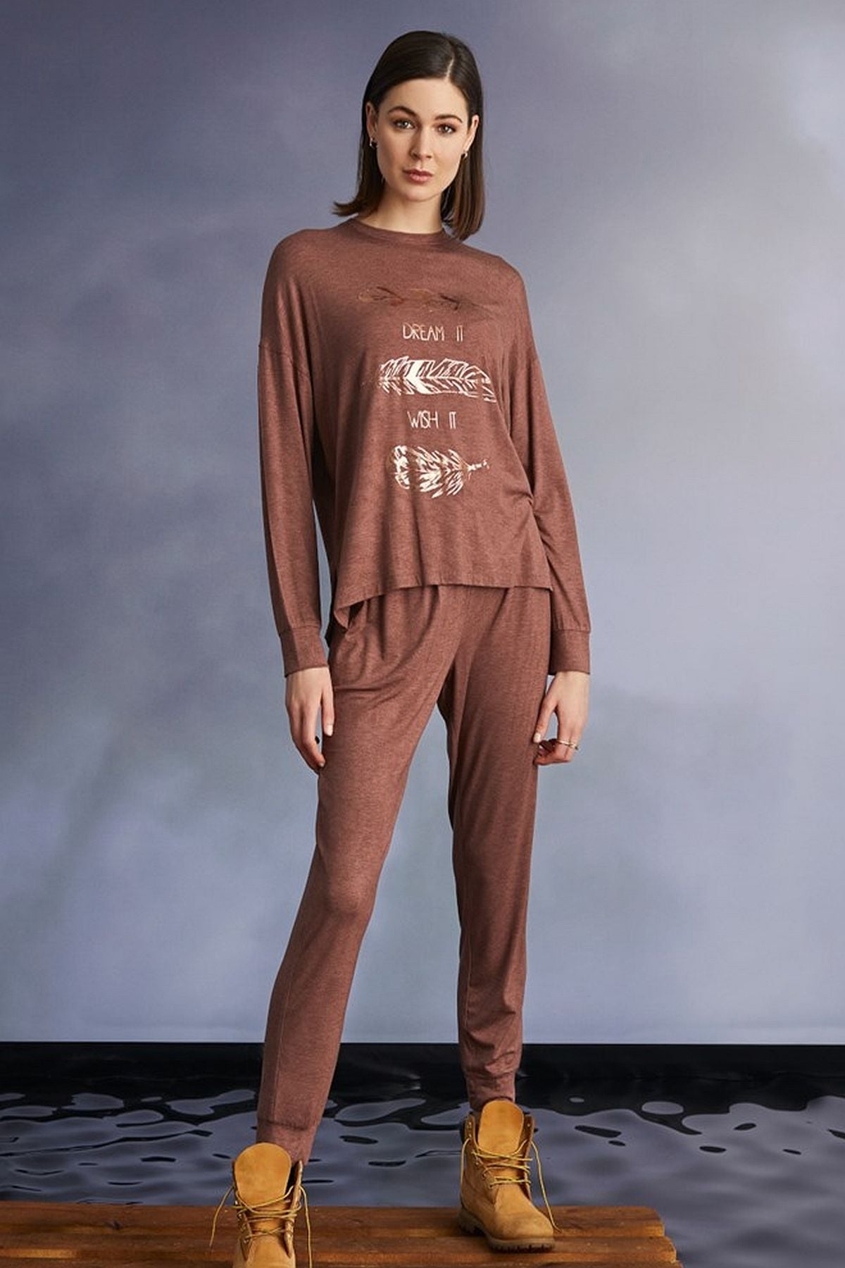 Monamise 22113 Kadın Uzun Kollu Pijama Takımı-Tarçın