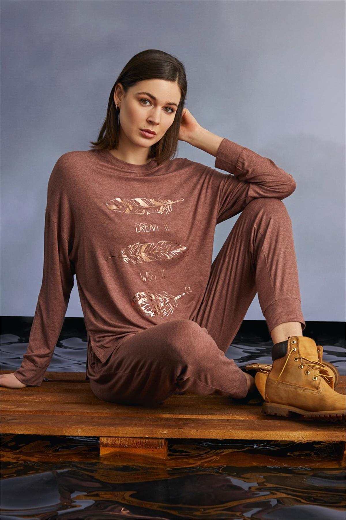 Monamise 22113 Kadın Uzun Kollu Pijama Takımı-Tarçın