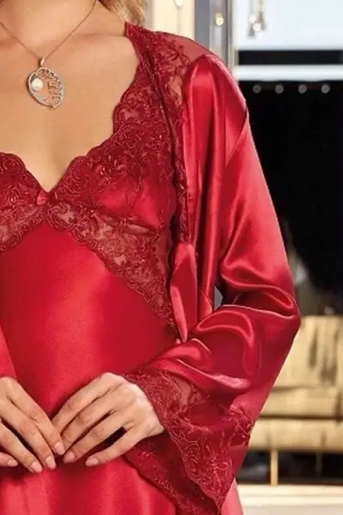 Nurteks 5344 Kadın Saten Gecelik Sabahlık Takım-Bordo