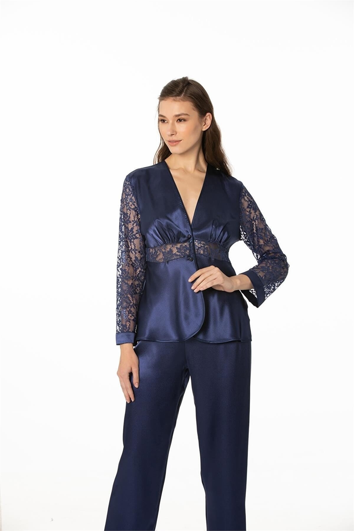 Pierre Cardin 1121 Kadın  Saten Dantelli Pijama Takımı-Lacivert