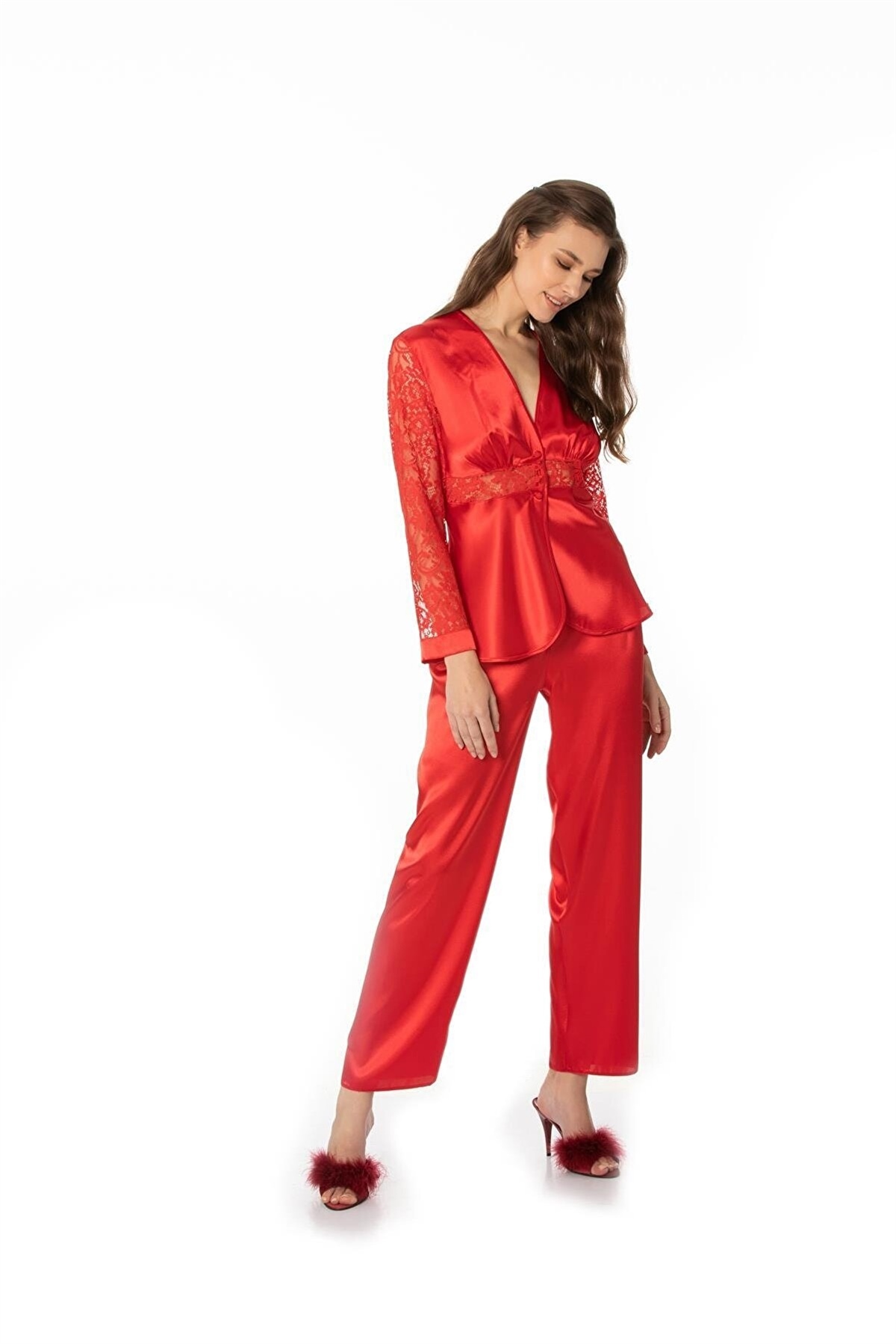Pierre Cardin 1121 Kadın  Saten Dantelli Pijama Takımı-Kırmızı