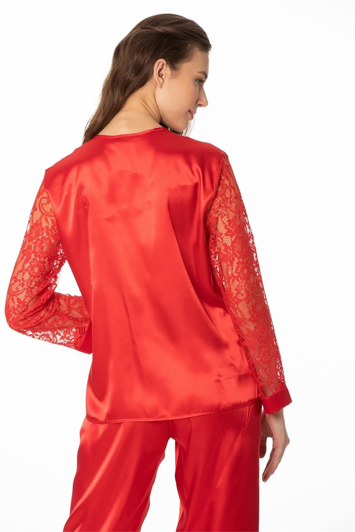 Pierre Cardin 1121 Kadın  Saten Dantelli Pijama Takımı-Kırmızı
